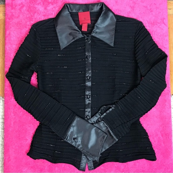 JS COLLECTIONS Evening Black Semi Sheer Satin French Cuff Beaded Blouse Size 10 - Picture 3 of 15